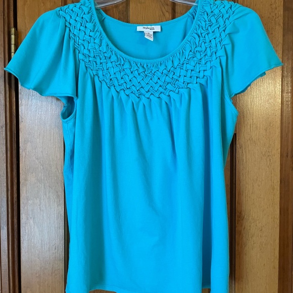 Style & Co. Tops - Style & Co. Blue Smocked Blouse with Short Sleeves